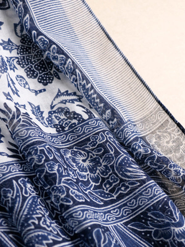 Printed Blue-And-White Sun-Protection Tasseled Shawl&Scarf by migunica