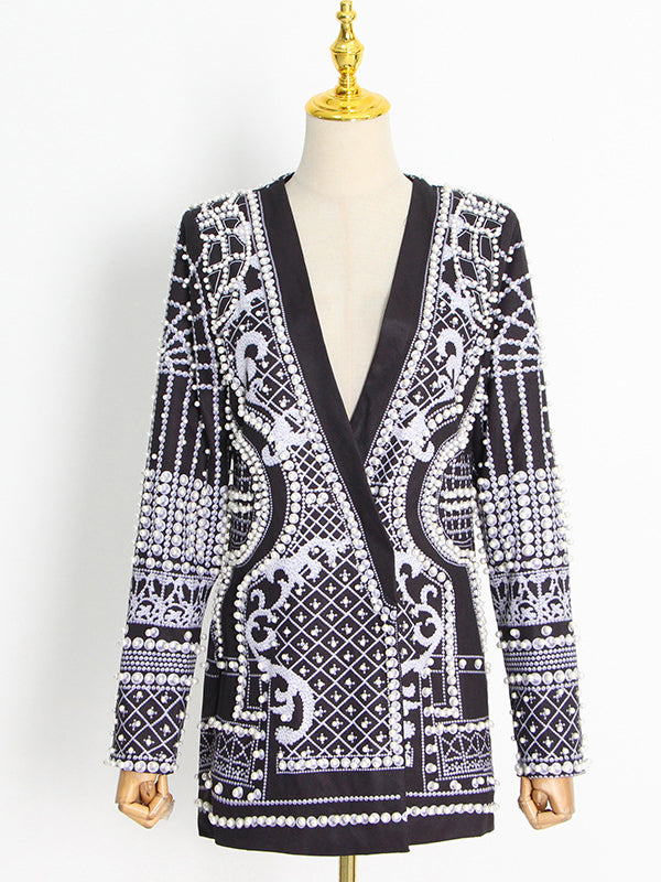 Original Creation Loose Long Sleeves Beads Printed V-Neck Blazer Outerwear by migunica