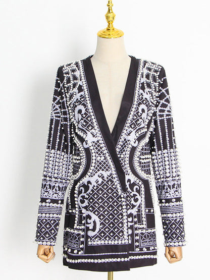 Original Creation Loose Long Sleeves Beads Printed V-Neck Blazer Outerwear by migunica