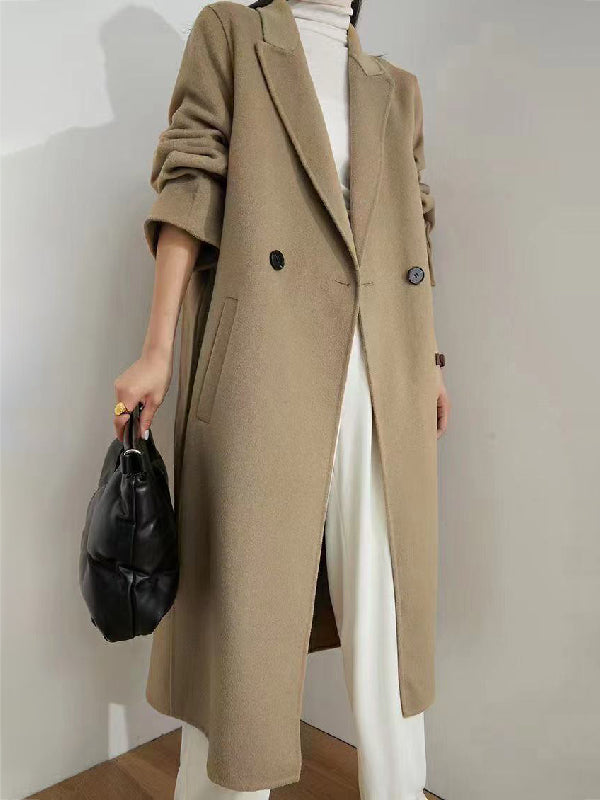 Office Belted Solid Color Notched Collar Wool Overcoat by migunica