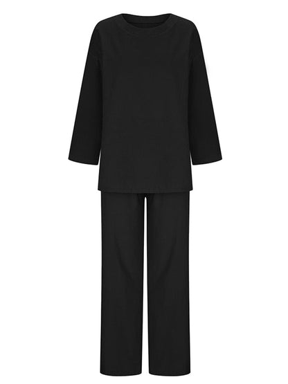 Solid Color Loose Long Sleeves Round-Neck Shirts Top + Drawstring Pants Bottom Two Pieces Set by migunica