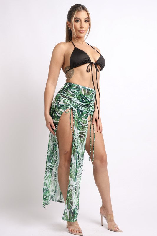 Printed mesh skirt set with double slit