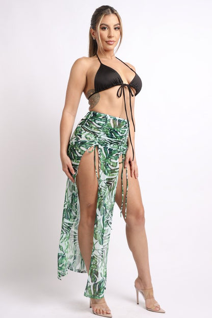 Printed mesh skirt set with double slit