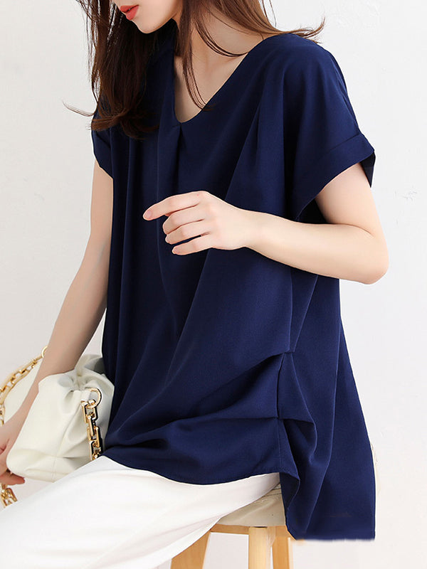 Loose Short Sleeves Back Pleated Solid Color Round-Neck T-Shirts Tops by migunica