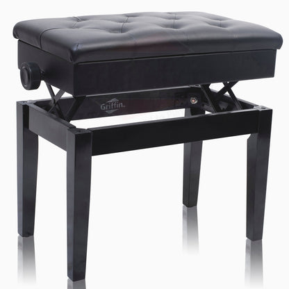 GRIFFIN Premium Antique Piano Bench - Adjustable Black Solid Wood Frame & PU Leather Padded Cushion - Vintage Ergonomic Musicians Keyboard Chair by GeekStands.com