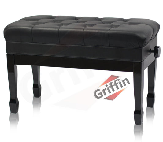 GRIFFIN Genuine Leather Piano Bench - Oversize Duet Vintage Black Solid Wood & Ergonomic Keyboard Stool - 2 Person Cushion Seat & Sheet Music Storage by GeekStands.com