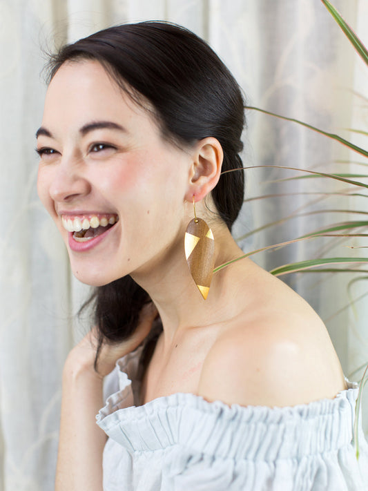 Cherry Wood Twisted Leaf Earrings by Ash & Rose