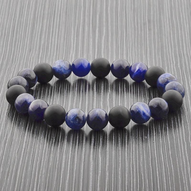 SODALITE AND MATTE ONYX STONE BEADED STRETCH BRACELET (10MM) by Fashion Hut Jewelry