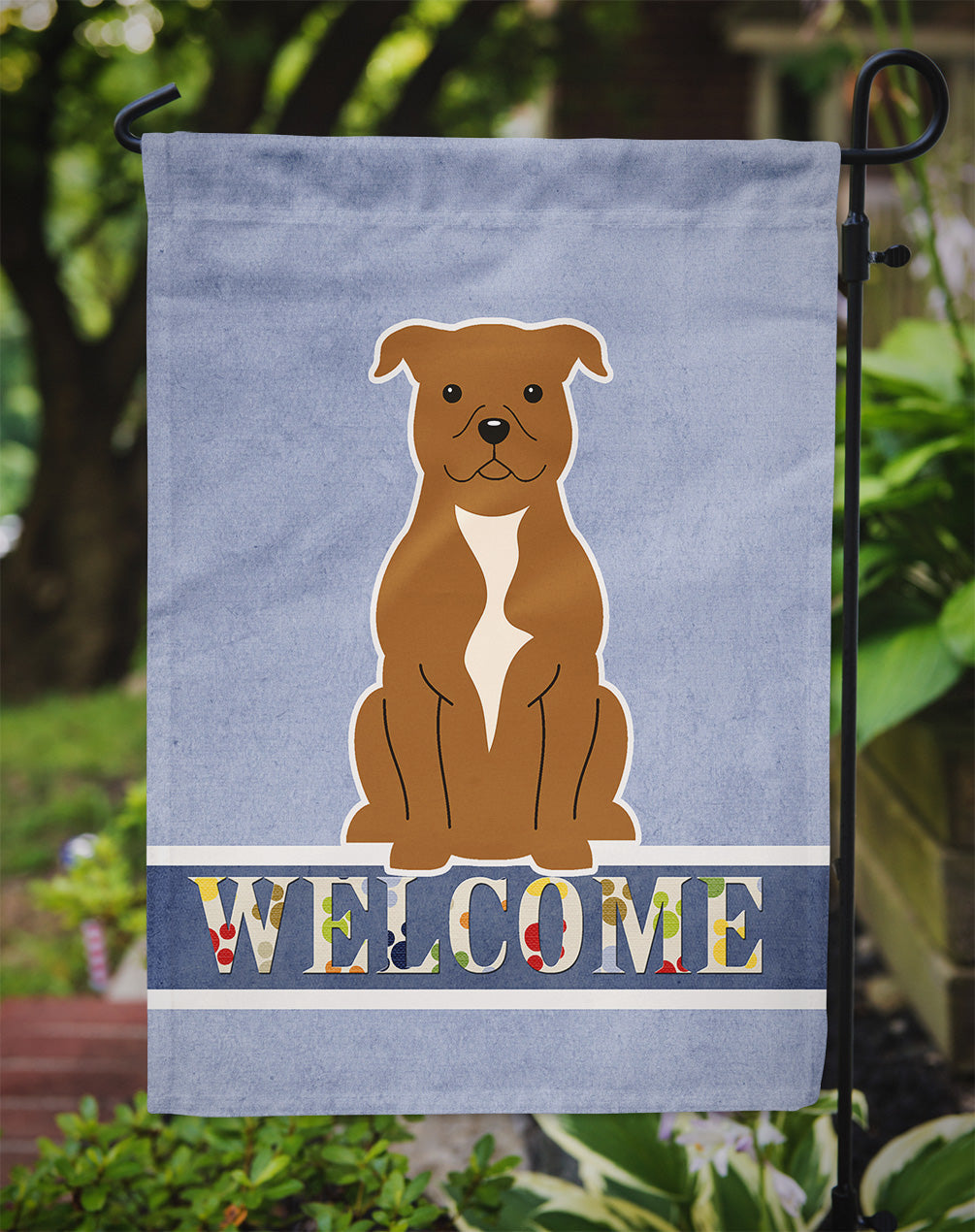 Staffordshire Bull Terrier Brown Welcome Flag Garden Size BB5628GF by Caroline's Treasures