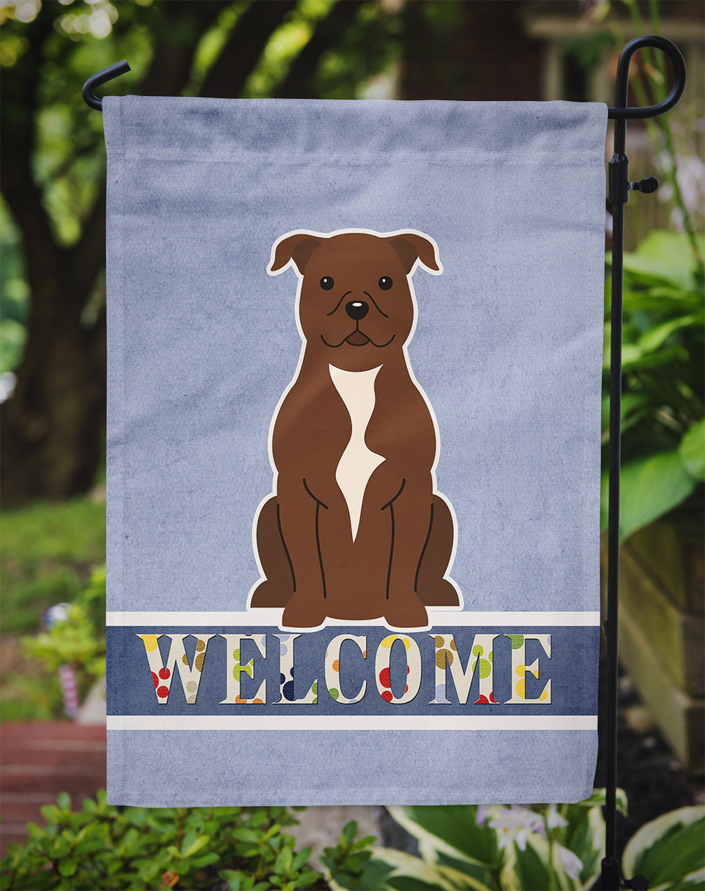 Staffordshire Bull Terrier Chocolate Welcome Flag Garden Size BB5629GF by Caroline's Treasures