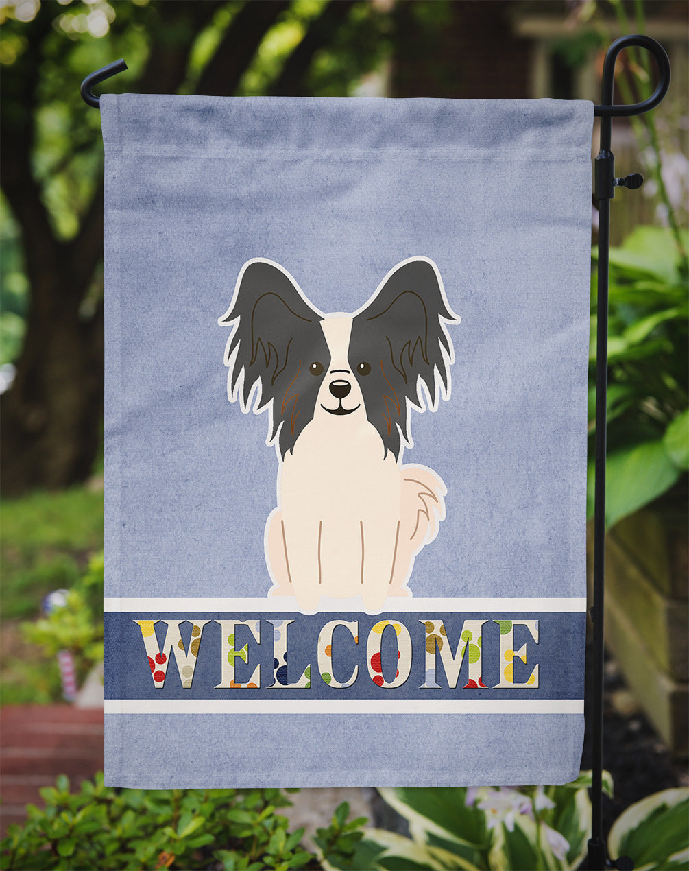 Papillon Black White Welcome Flag Garden Size BB5657GF by Caroline's Treasures