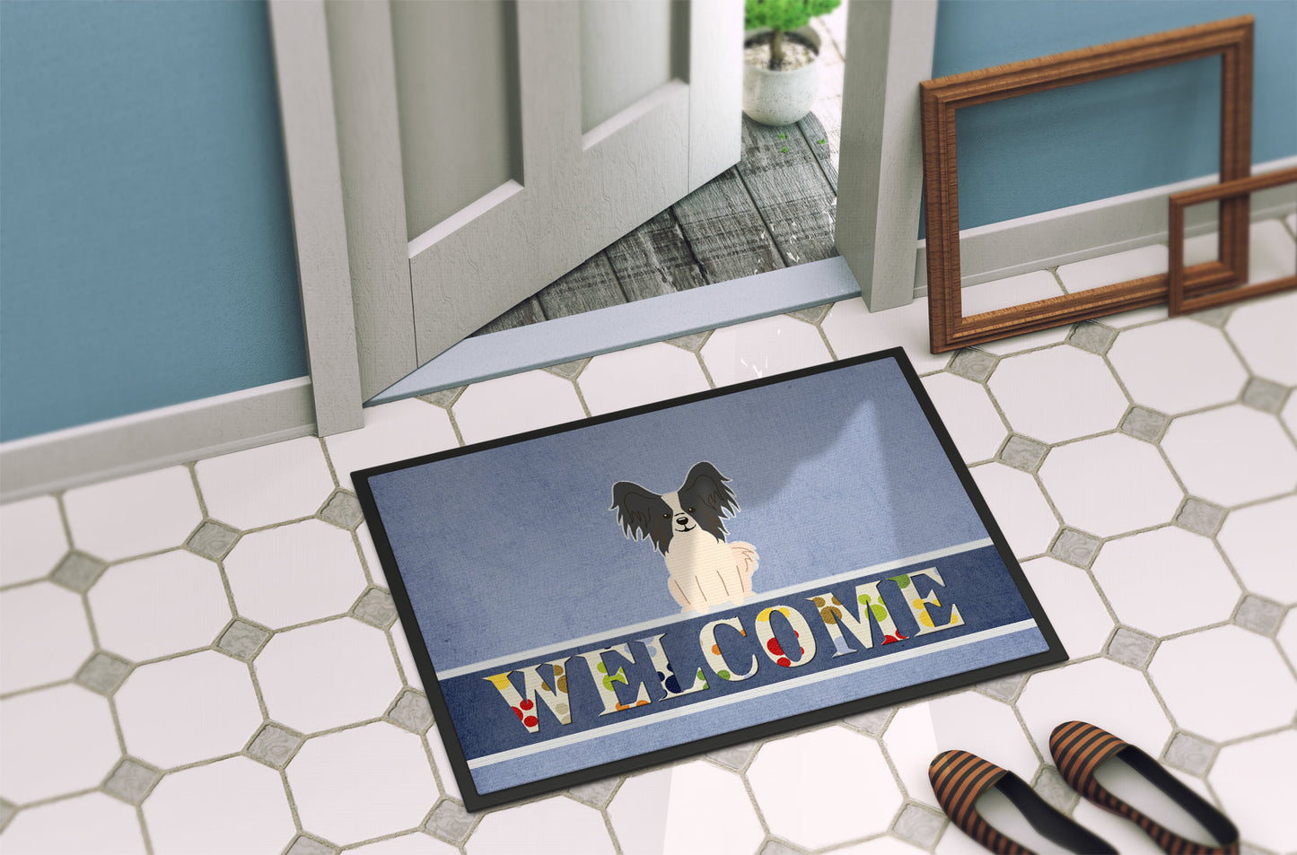 Papillon Black White Welcome Indoor or Outdoor Mat 18x27 BB5657MAT by Caroline's Treasures