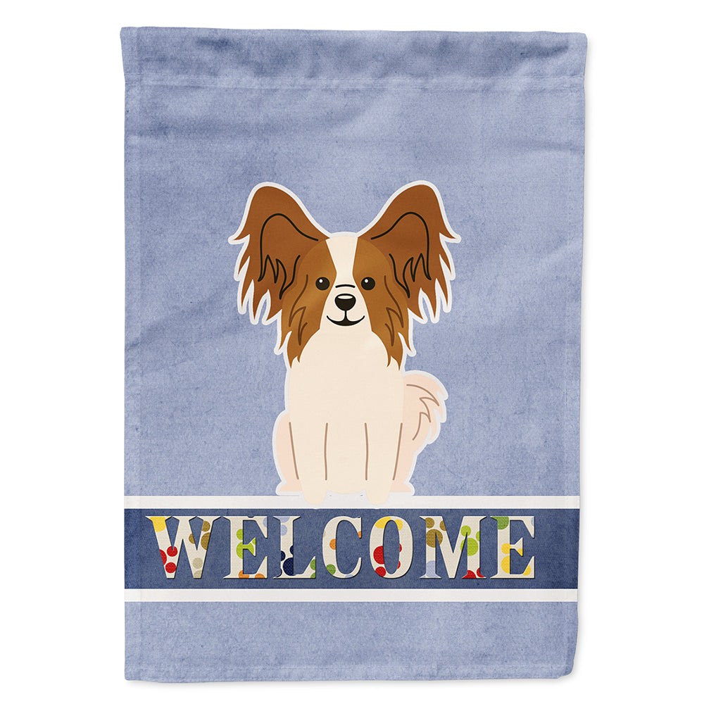 Papillon Red White Welcome Flag Canvas House Size BB5659CHF by Caroline's Treasures