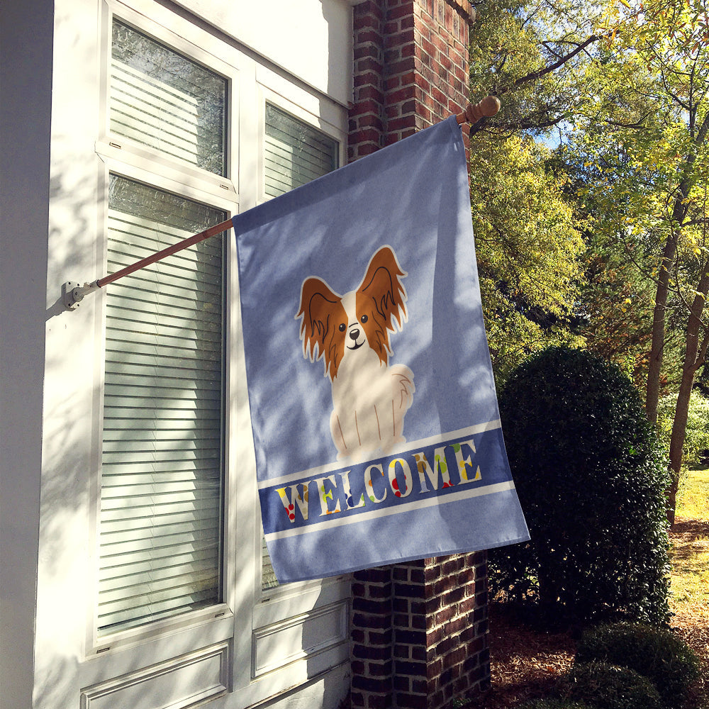 Papillon Red White Welcome Flag Canvas House Size BB5659CHF by Caroline's Treasures