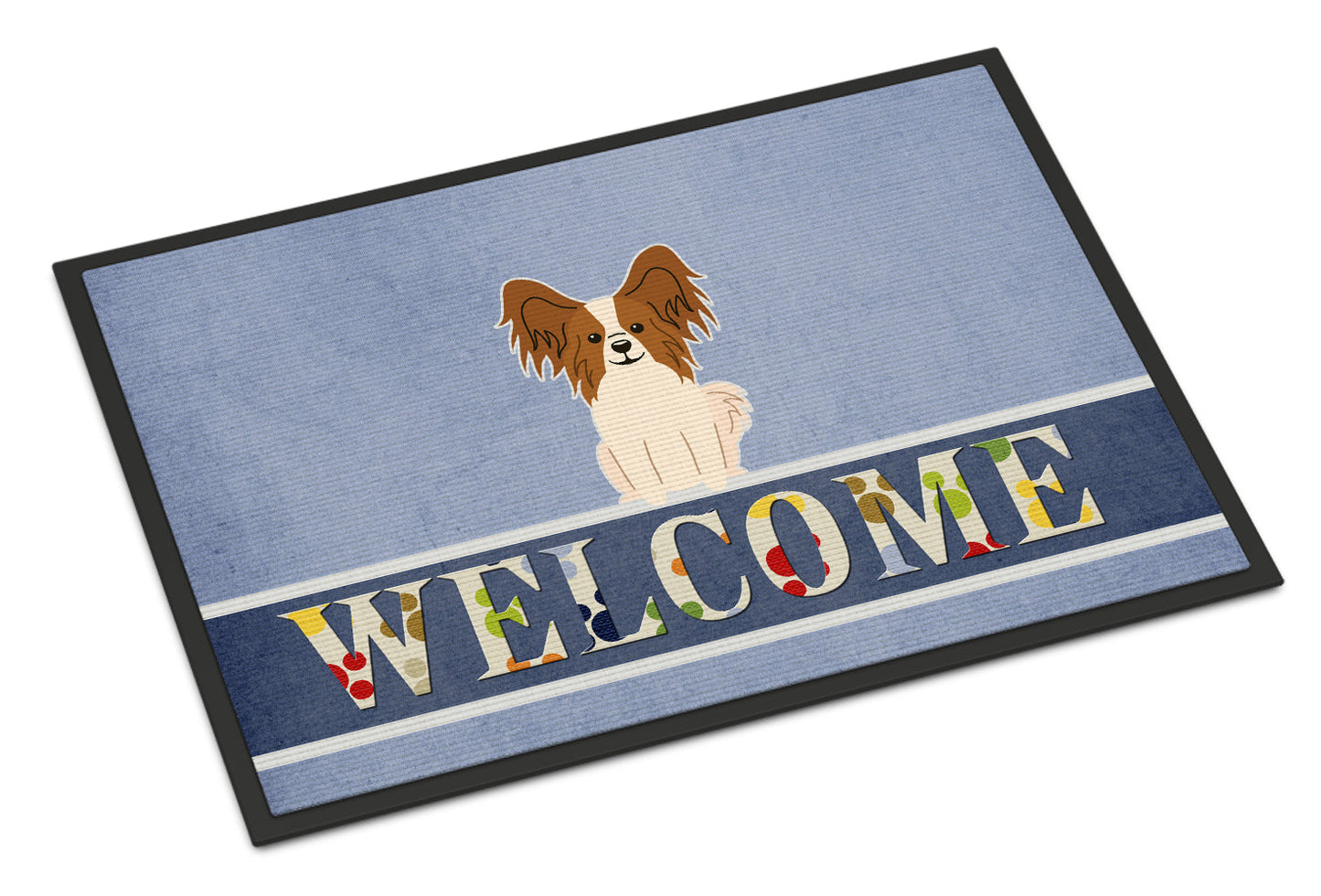 Papillon Red White Welcome Indoor or Outdoor Mat 18x27 BB5659MAT by Caroline's Treasures