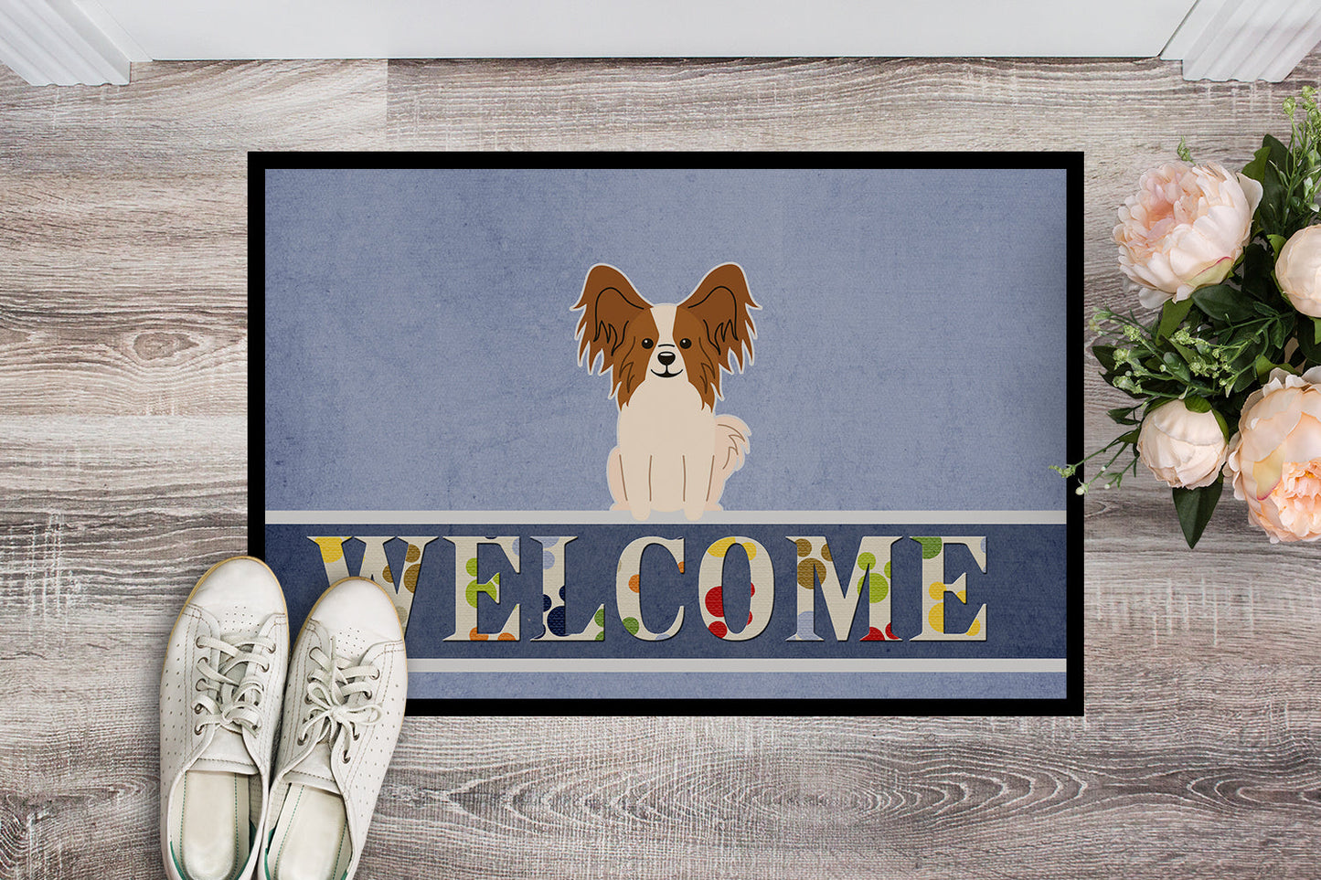 Papillon Red White Welcome Indoor or Outdoor Mat 18x27 BB5659MAT by Caroline's Treasures