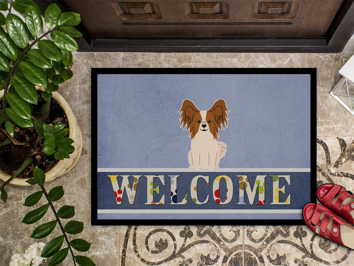 Papillon Red White Welcome Indoor or Outdoor Mat 18x27 BB5659MAT by Caroline's Treasures