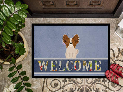 Papillon Red White Welcome Indoor or Outdoor Mat 18x27 BB5659MAT by Caroline's Treasures