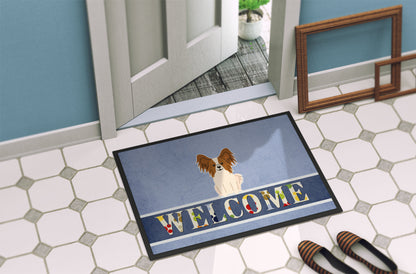 Papillon Red White Welcome Indoor or Outdoor Mat 18x27 BB5659MAT by Caroline's Treasures