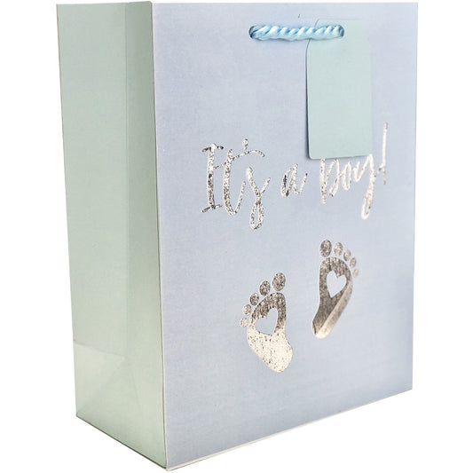 Medium Matte Pastel Blue Baby Gift Bags with Foil, It's a Boy by Present Paper