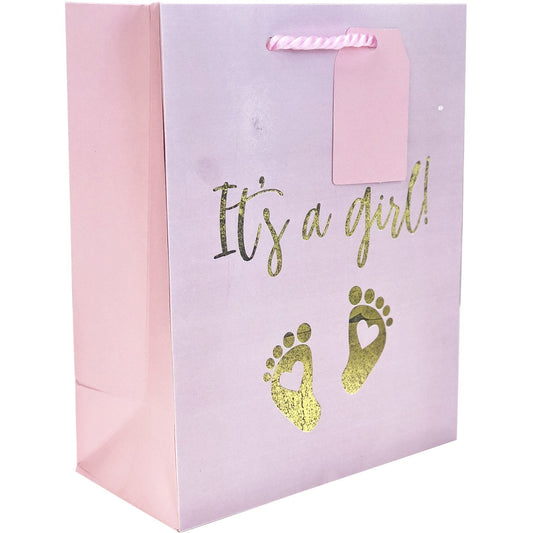 Medium Matte Pastel Pink Baby Gift Bags with Foil, It's a Girl by Present Paper