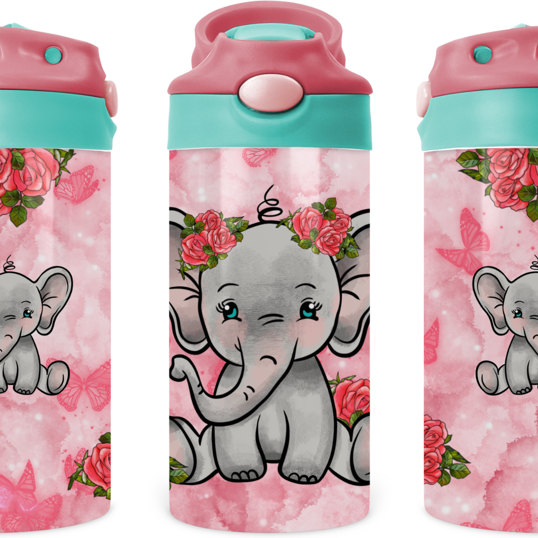 Baby Elephant With Roses Kids 12 oz Water Bottle Flip Top by Crafty Casey's