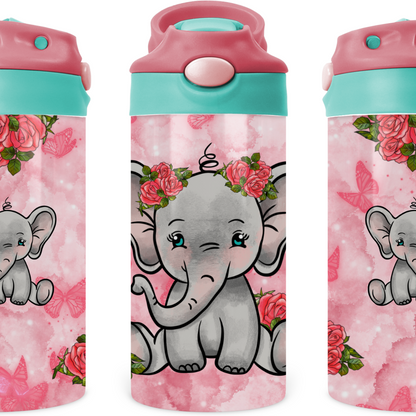 Baby Elephant With Roses Kids 12 oz Water Bottle Flip Top by Crafty Casey's