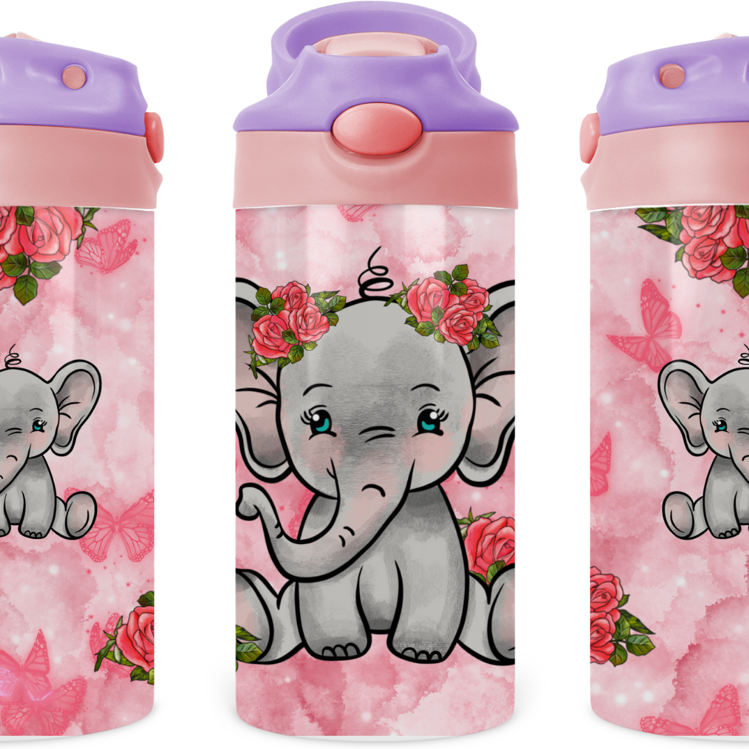 Baby Elephant With Roses Kids 12 oz Water Bottle Flip Top by Crafty Casey's