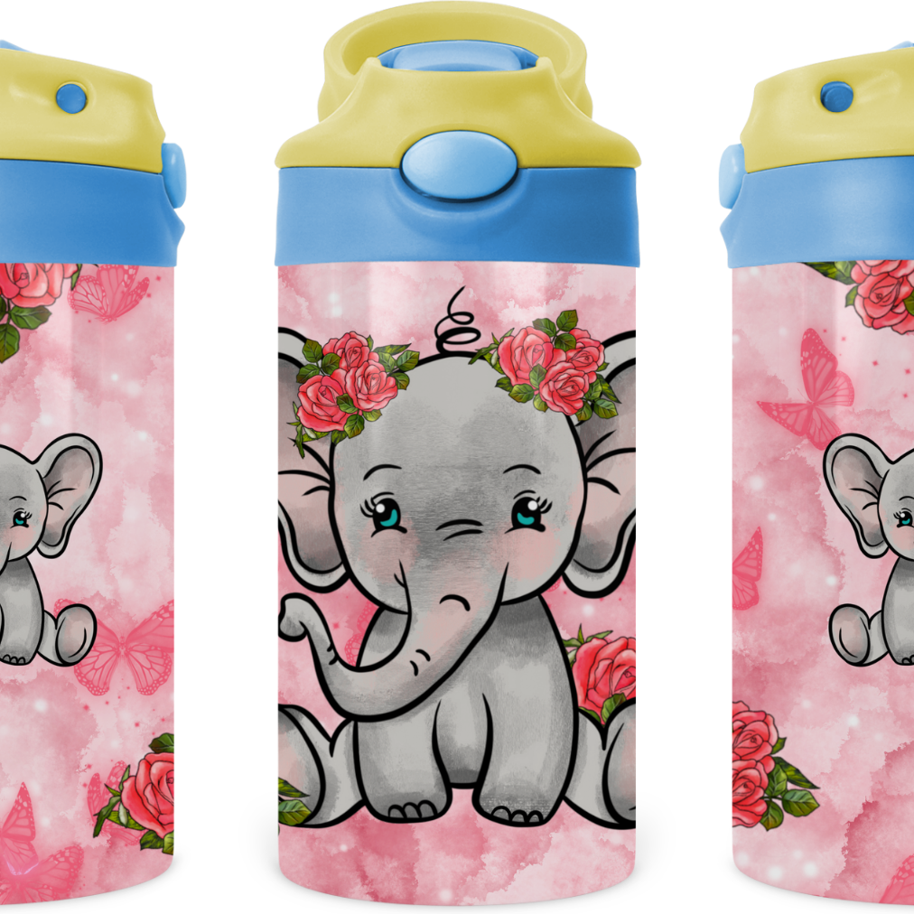 Baby Elephant With Roses Kids 12 oz Water Bottle Flip Top by Crafty Casey's