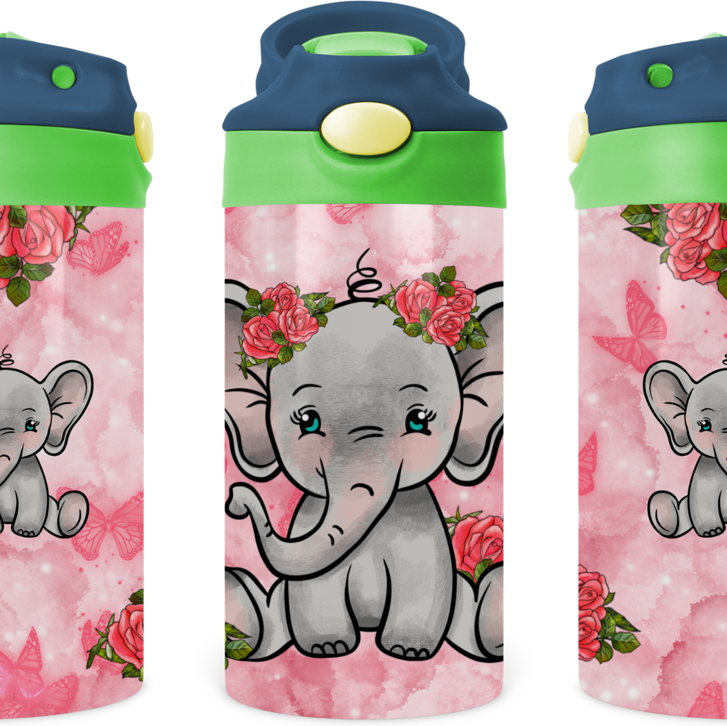 Baby Elephant With Roses Kids 12 oz Water Bottle Flip Top by Crafty Casey's