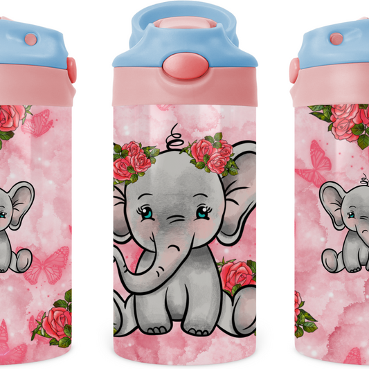 Baby Elephant With Roses Kids 12 oz Water Bottle Flip Top by Crafty Casey's