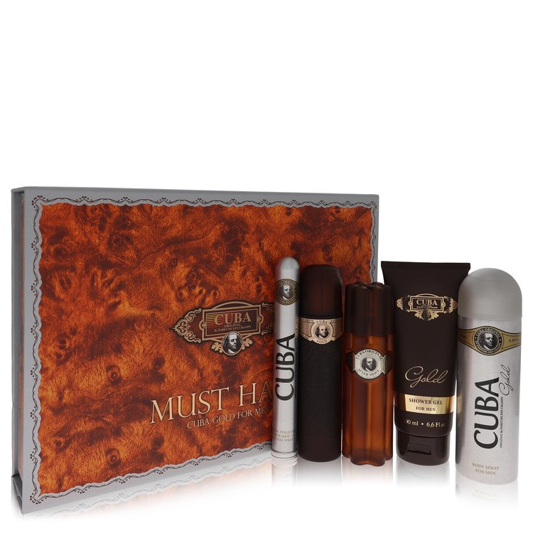 Cuba Gold by Fragluxe Gift Set -- 3.3 oz Eau De Toilette Spray + 3.3 oz After Shave Spray + 6.7 oz Body Deodorant Spray + 6.7 oz Shower Gel +  1.17 oz EDT Spray for Men by Avera Group