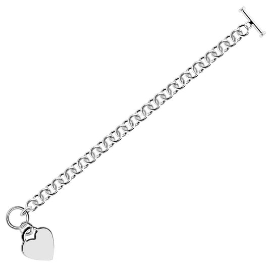 Sterling Silver Rhodium Plated Rolo Style Heart Charmed Chain Bracelet by Avera Group