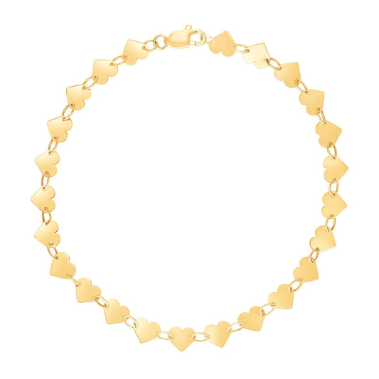 14k Yellow Gold 7 inch Mirrored Heart Chain Bracelet by Avera Group