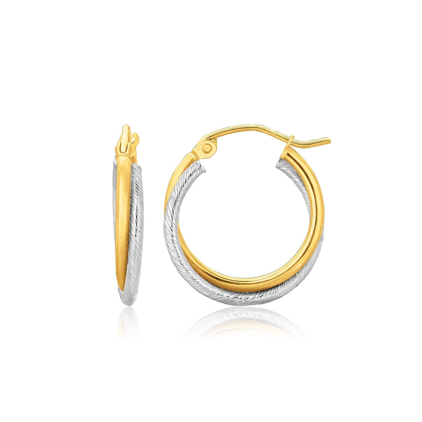 14k Two Tone Gold Double Polished and Textured Hoop Earrings by Avera Group