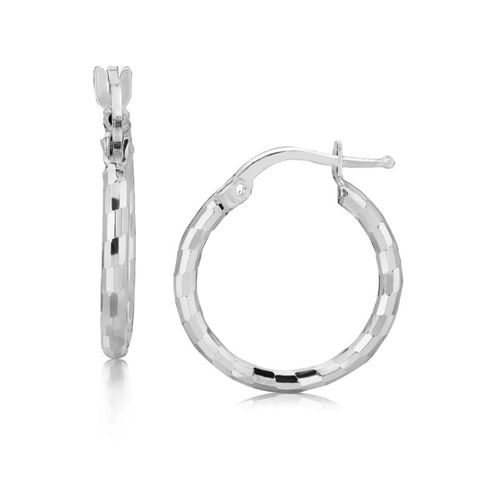 Sterling Silver Rhodium Plated Diamond Cut Small Hoop Earrings (15mm) by Avera Group