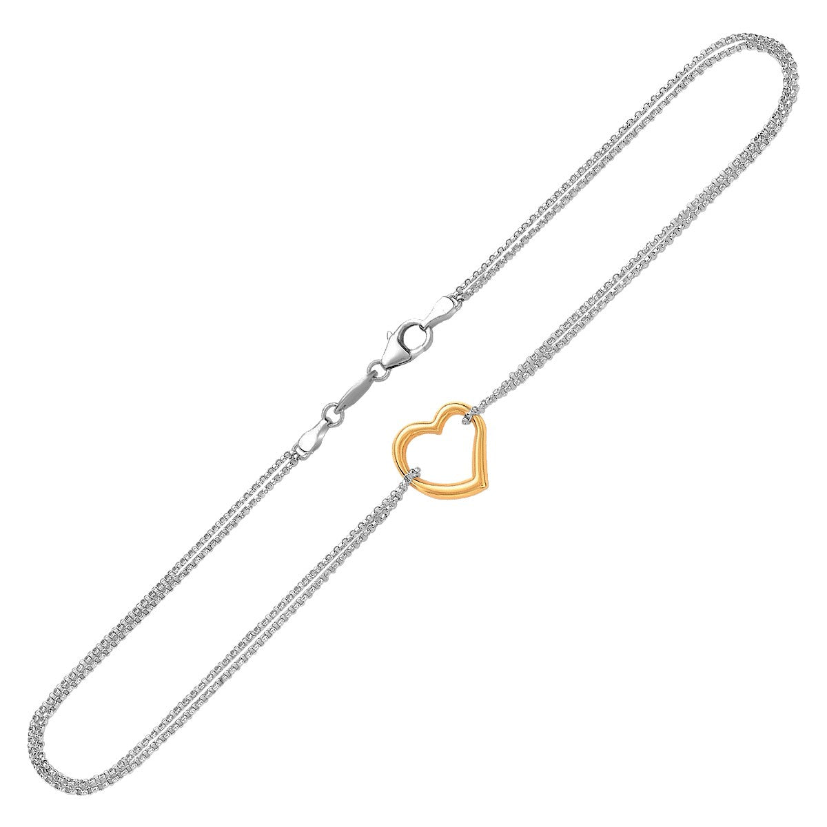 14k Yellow Gold and Sterling Silver Anklet with a Single Open Heart Station by Avera Group