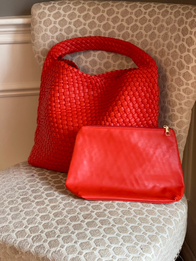 The Willow | Large Woven Vegan Leather Tote - Red/Orange by Babs+Birdie