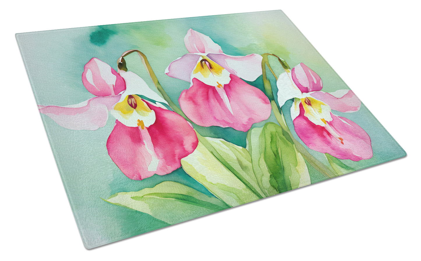 Minnesota Pink and White Lady’s Slippers in Watercolor Glass Cutting Board Large by Caroline's Treasures