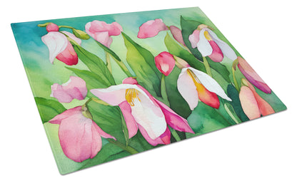 Minnesota Pink and White Lady’s Slippers in Watercolor Glass Cutting Board Large by Caroline's Treasures