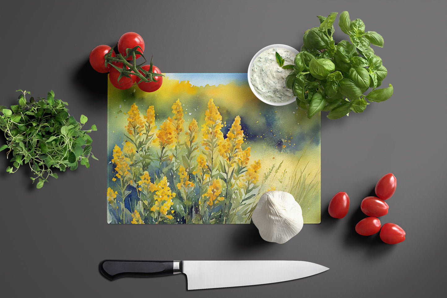 Nebraska Goldenrod in Watercolor Glass Cutting Board Large by Caroline's Treasures