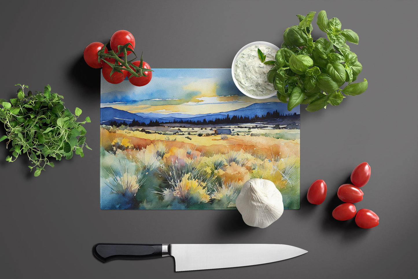 Nevada Sagebrush in Watercolor Glass Cutting Board Large by Caroline's Treasures