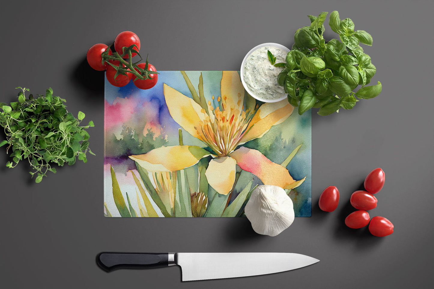 New Mexico Yucca Flower in Watercolor Glass Cutting Board Large by Caroline's Treasures