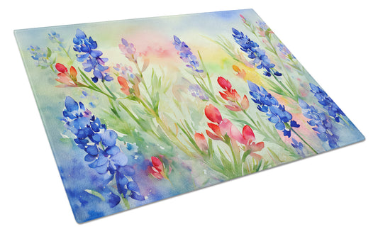 Texas Bluebonnets in Watercolor Glass Cutting Board Large by Caroline's Treasures