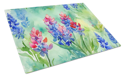 Texas Bluebonnets in Watercolor Glass Cutting Board Large by Caroline's Treasures