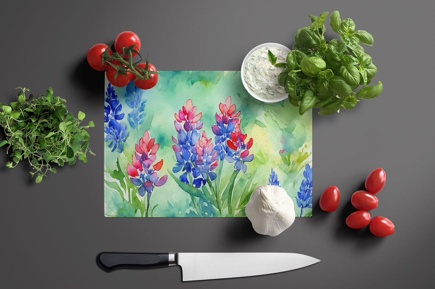 Texas Bluebonnets in Watercolor Glass Cutting Board Large by Caroline's Treasures