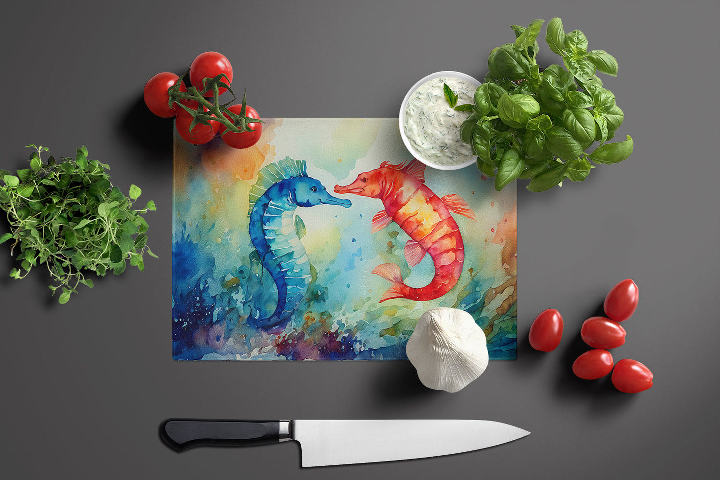 Seahorses Glass Cutting Board Large by Caroline's Treasures