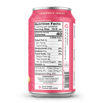 12 oz. Raspberry Lemon Sparkling Maple Water - 12 Pack by Drink Simple