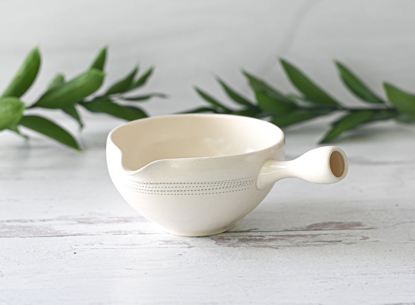 White Striped Matcha Bowl with Spout by Aprika Life