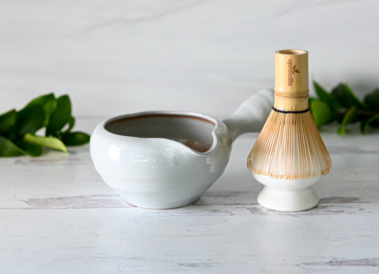 White Spouted Matcha Bowl with Textured Handle Set by Aprika Life